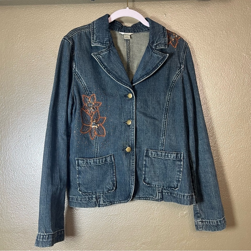 Christopher & Banks Blue Denim Jacket with Floral Accents - Picture 4 of 12